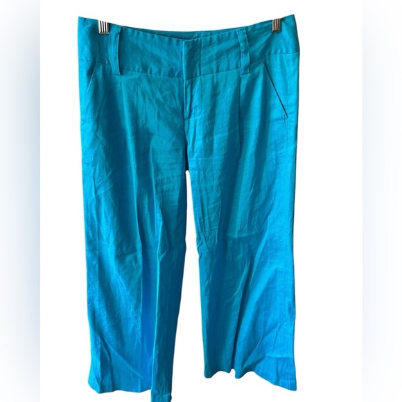 Alice + Olivia Blue Linen‎ Blend Cropped Pants belt loops preppy summer Size 4 - Picture 1 of 4